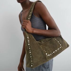 Gimaguas Silver Studded Suede Maxi Franca Shoulder Bag in green khaki NEW UNUSED